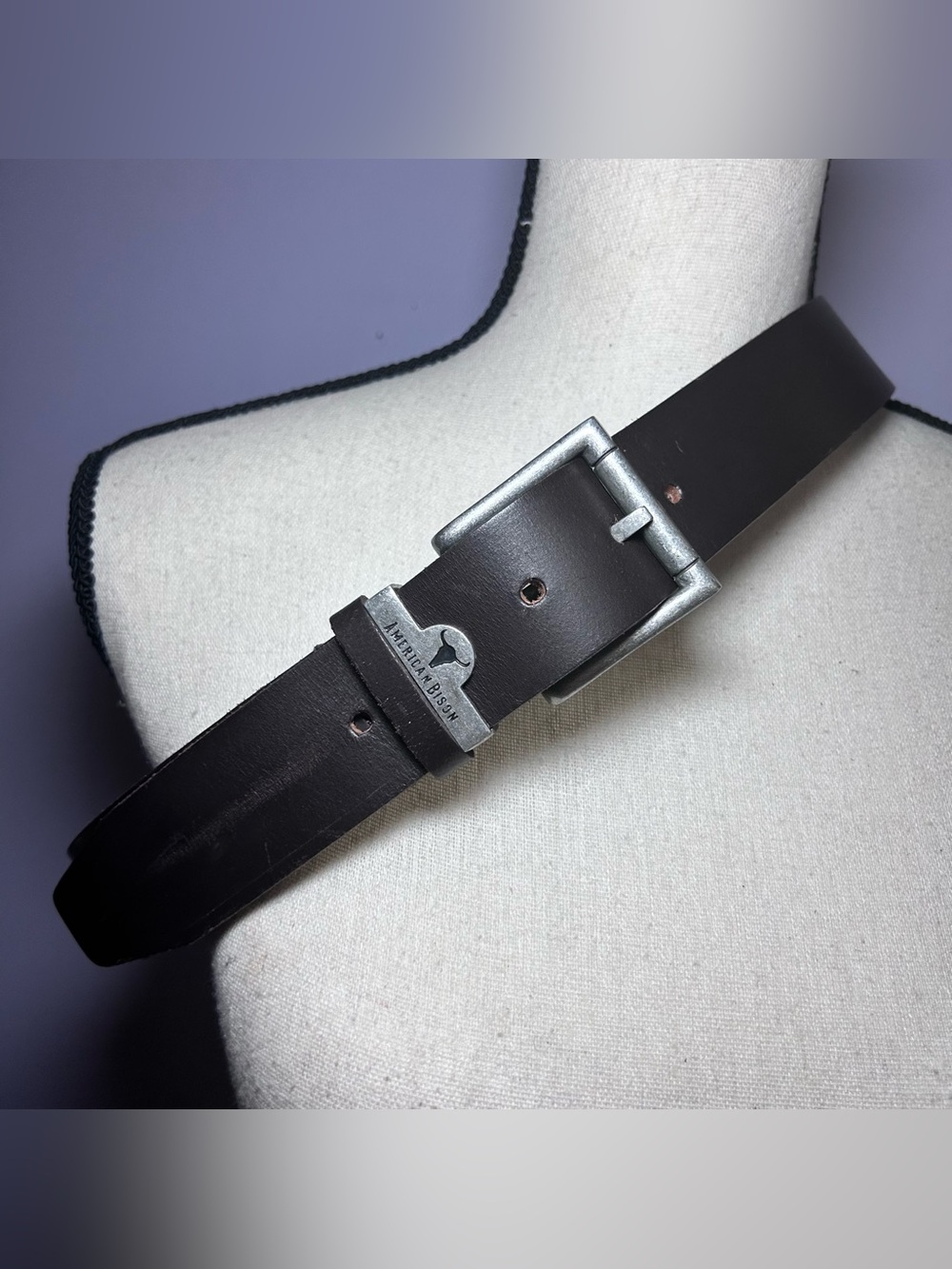 American Bison Dark Brown Leather Belt Men’s 34 Silver Hardware Excellent